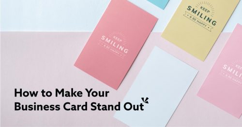 Text "How To Make Your Business Card Stand Out" with colorfull business cards as background