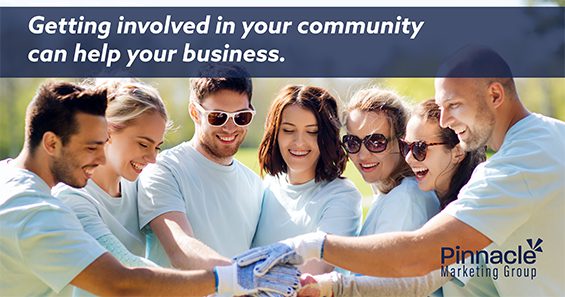Photo of workers with caption: "Getting involved in your community can help your business"