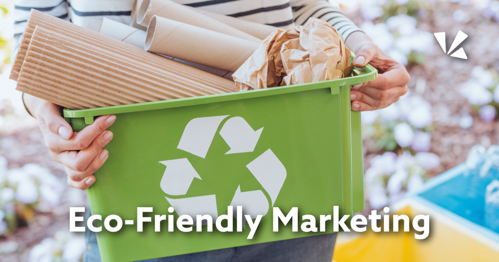 Eco-friendly marketing blog header with image of woman carrying a recycling bin