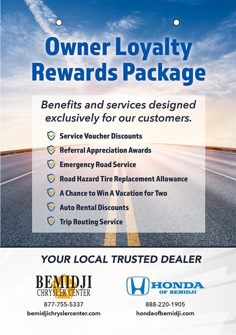 Bemidji Chrysler Center and Honda of Bemidji owner loyalty rewards package flip chart advertisement