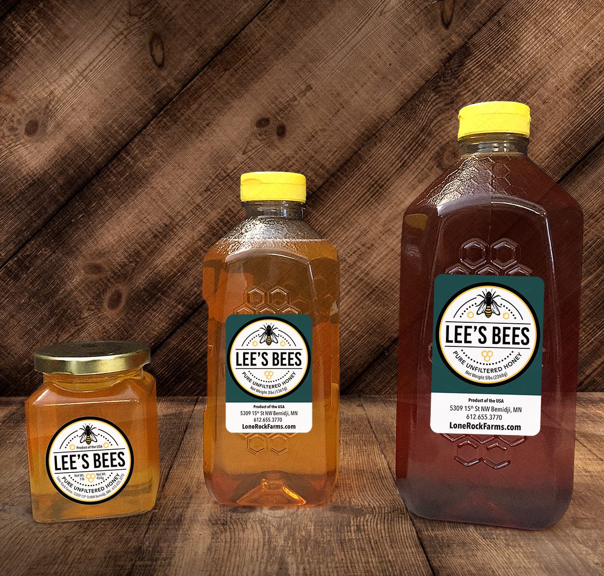 Lee's Bees honey bottles with logo stickers