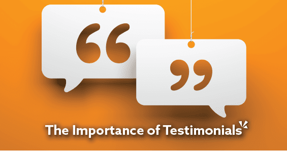 quotation marks sitting in a speech bubble hanging from a string with an orange background. showing the importance of testimonials