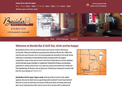 Becida Bar & Grill website screenshot developed by Pinnacle Marketing Group