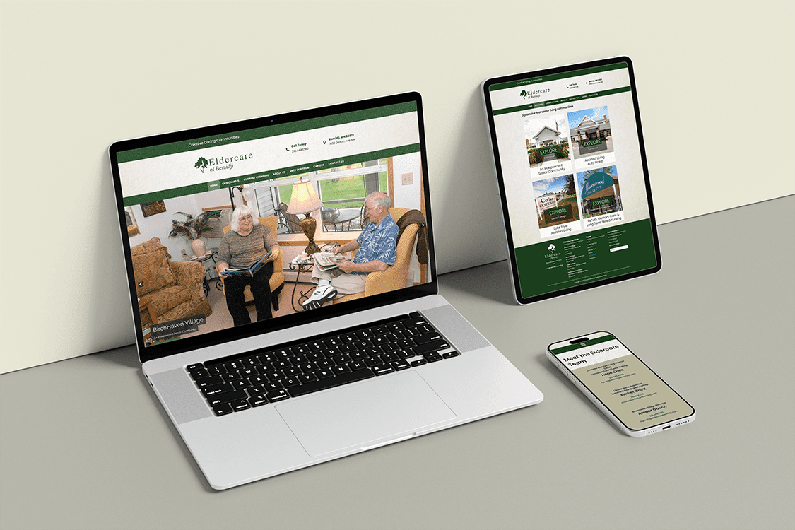 Multiple device mock up with different pages of the Eldercare of Bemidji website displayed