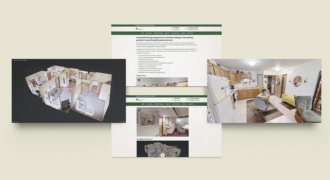Page mock up with the Matterport apartment tours displayed