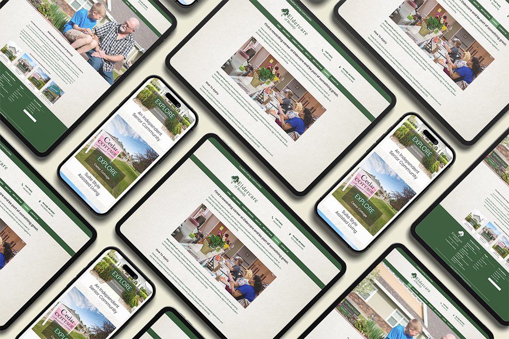 Multiple device mock up with different pages of the Eldercare of Bemidji website displayed
