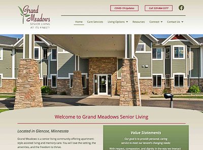 Grand Meadows Senior Living website homepage screenshot developed by Pinnacle Marketing Group