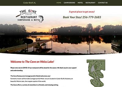 The Cove Restaurant Campground & Motel website homepage screenshot developed by Pinnacle Marketing Group