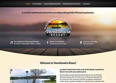 Vacationaire Resort Park Rapids website Resort screenshot developed by Pinnacle Marketing Group