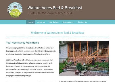 Walnut Acres Bed & Breakfast website homepage screenshot developed by Pinnacle Marketing Group