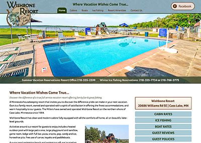 Wishbone Resort on Cass Lake website homepage screenshot developed by Pinnacle Marketing Group