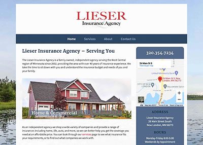 Lieser Insurance Agency website home page screenshot developed by Pinnacle Marketing Group