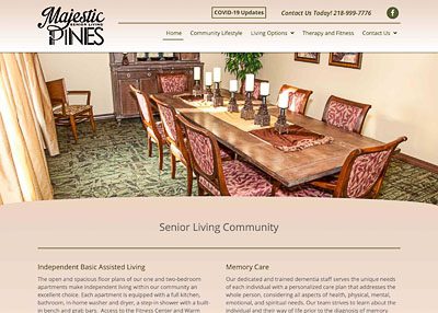 Majestic Pines Senior Living Community website homepage screenshot developed by Pinnacle Marketing Group