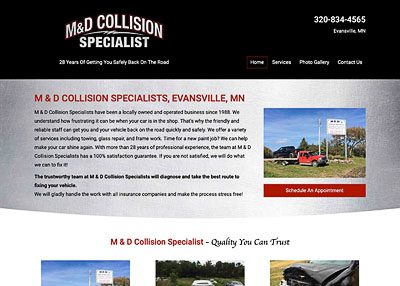 M&D Collision Specialist website home page screenshot developed by Pinnacle Marketing Group