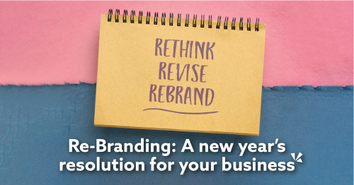 Note pad with "Rethink revise rebrand" and article title "Re-branding: a new year's resolution for your business"