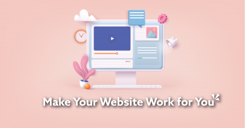 Text "Make Your Website Work for You" with blush pink background and graphic of a computer with a keyboard