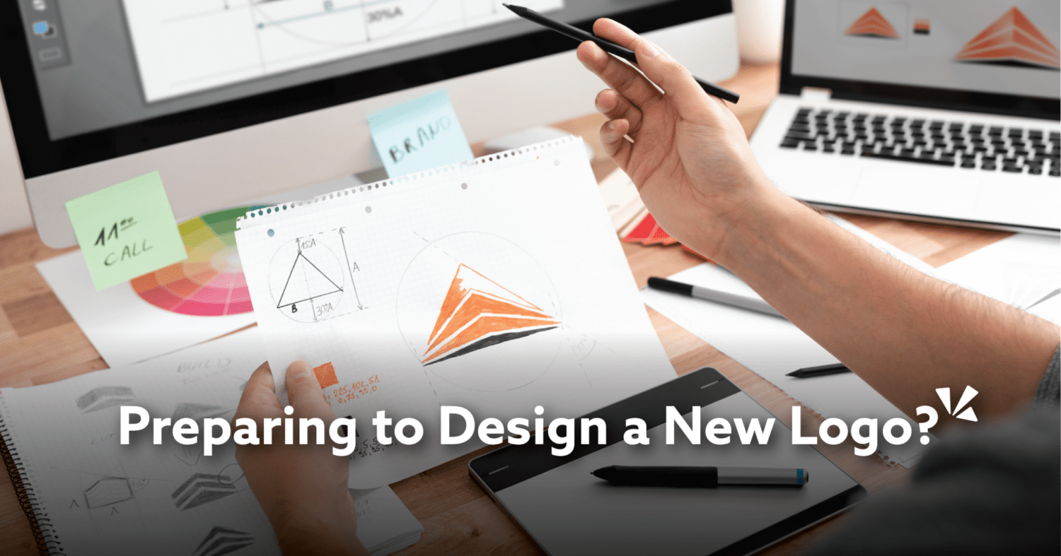 Text "Preparing to design a new logo?" office worker at a desk sketching out a logo