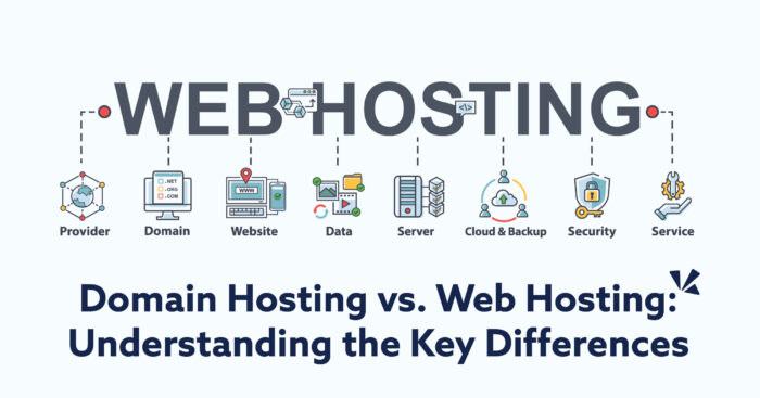 A graphical image explaining Domain Hosting vs. Web Hosting.