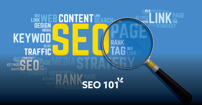 SEO related words on a blue background with a magnifying glass focused on the word SEO