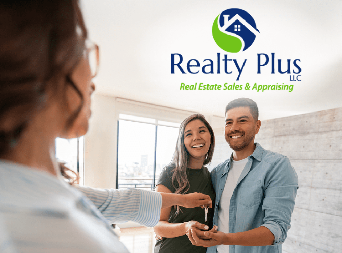A smiling couple receives keys to a new home from a real estate agent, with the Realty Plus LLC logo and tagline ‘Real Estate Sales & Appraising’ displayed in the background.