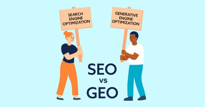SEO vs GEO illustration showing Search Engine Optimization and Generative Engine Optimization.