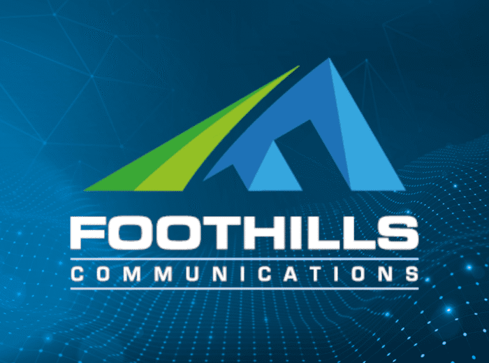 Foothills Communications logo with green and blue mountain graphic.