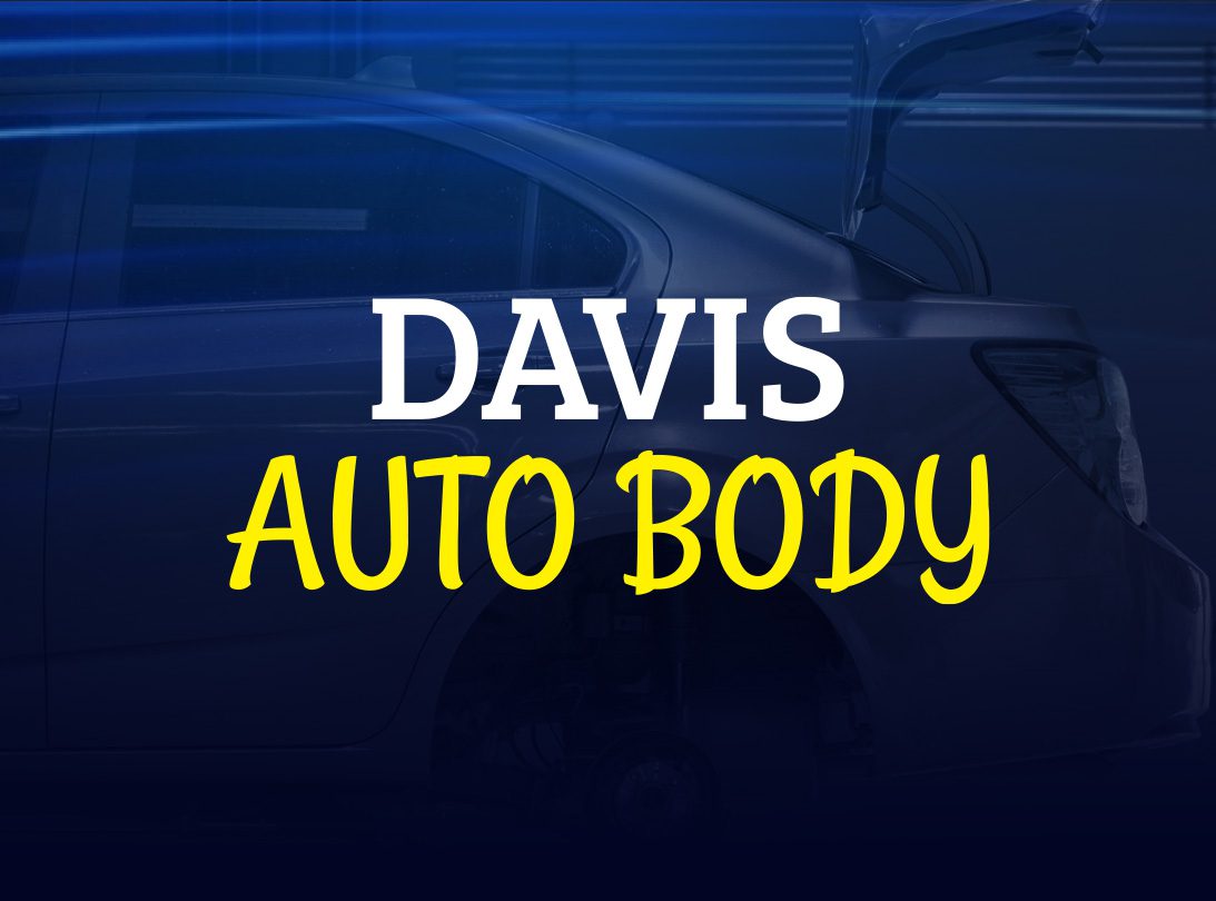 Davis Auto Body logo over a car repair background, highlighting auto body repair services in Turtle Lake, designed by Pinnacle Marketing Group.