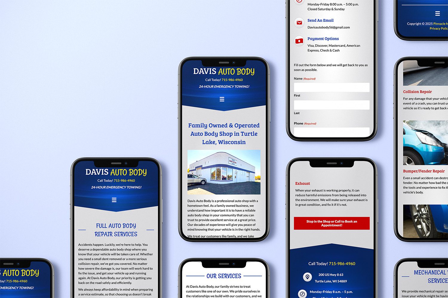 DavisAuto_Mobile Mobile-friendly website design for Davis Auto Body featuring service details, contact info, and repair options for customers in Turtle Lake.