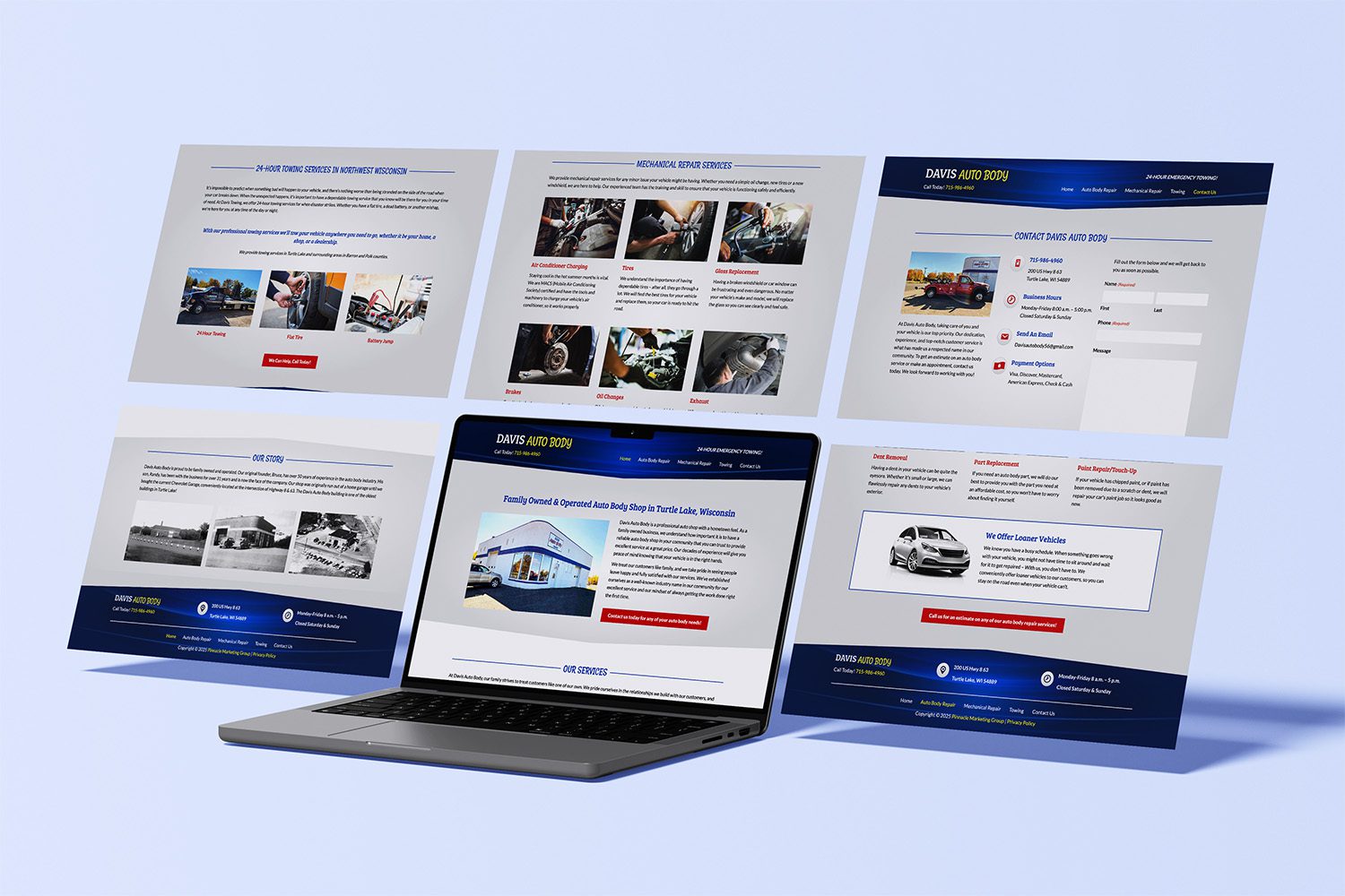 DavisAuto_Pages Website pages for Davis Auto Body showing service details, contact form, and company story, displayed on laptop and floating screen mock ups.