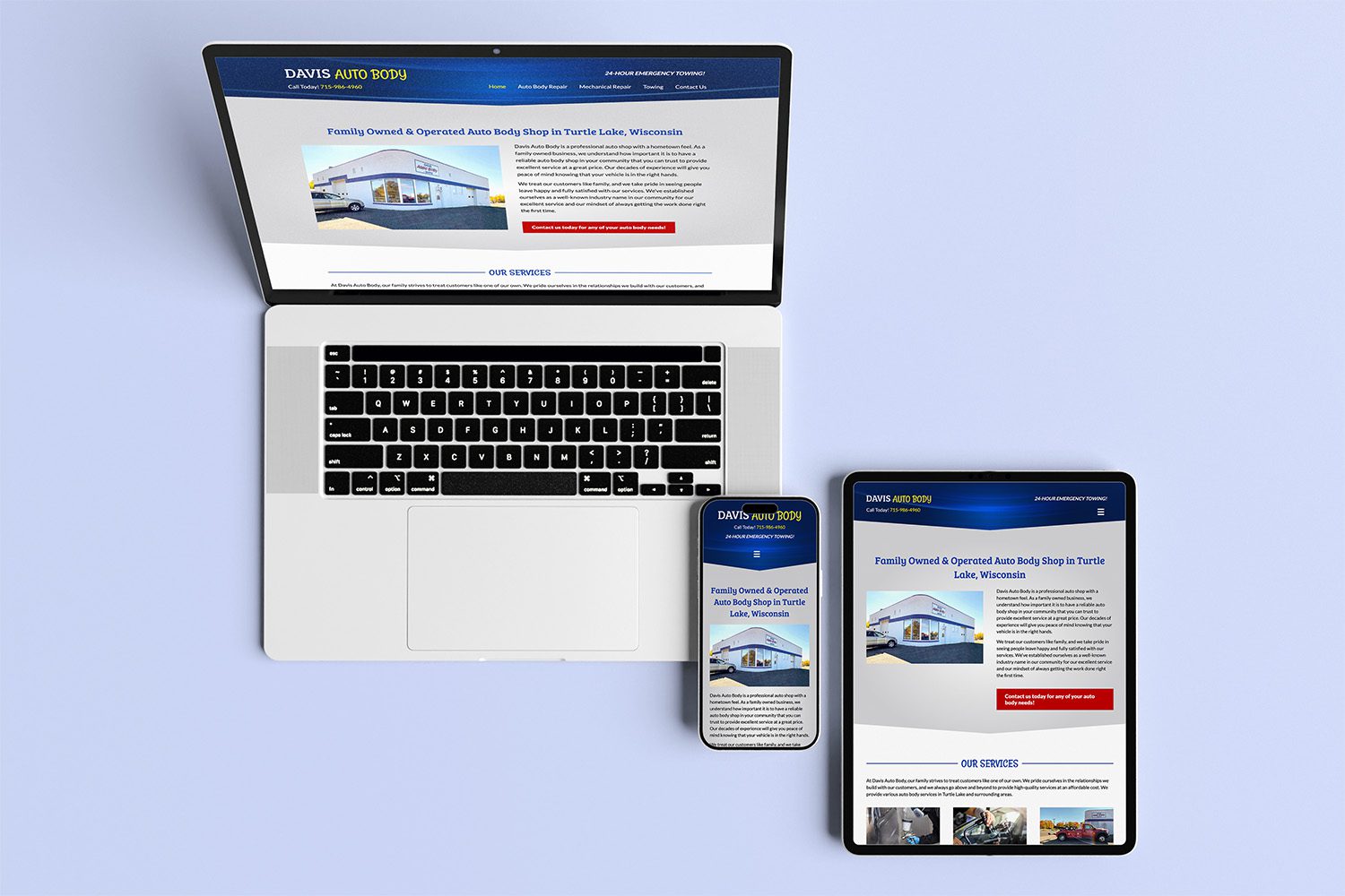 DavisAuto_Responsive Responsive website for Davis Auto Body displayed on laptop, tablet, and smartphone, featuring auto body repair services in Turtle Lake.