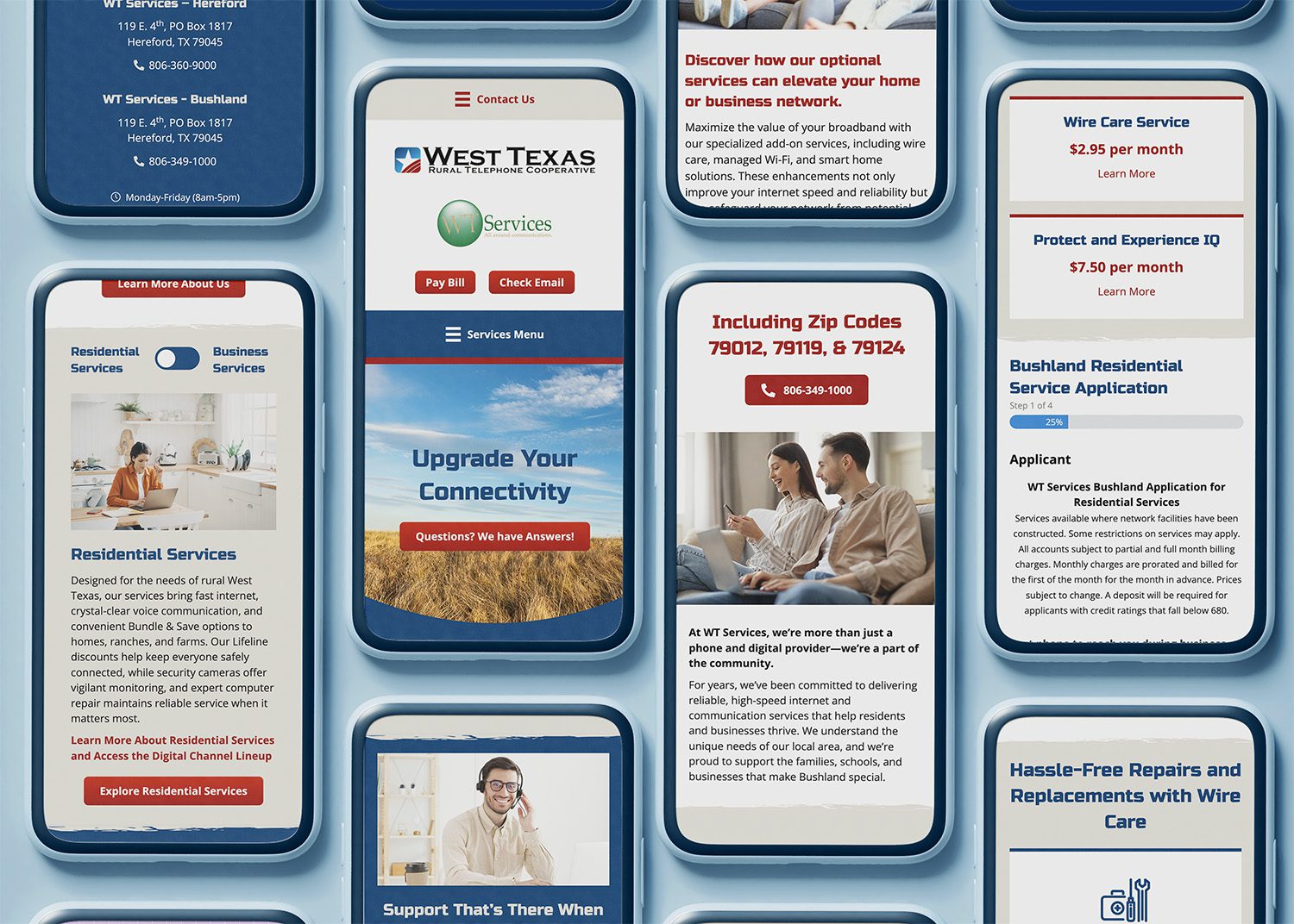 Collage of mobile phone screens showing the redesigned West Texas Rural Telephone Cooperative website, featuring service options, residential and business information, pricing, applications, and support resources.