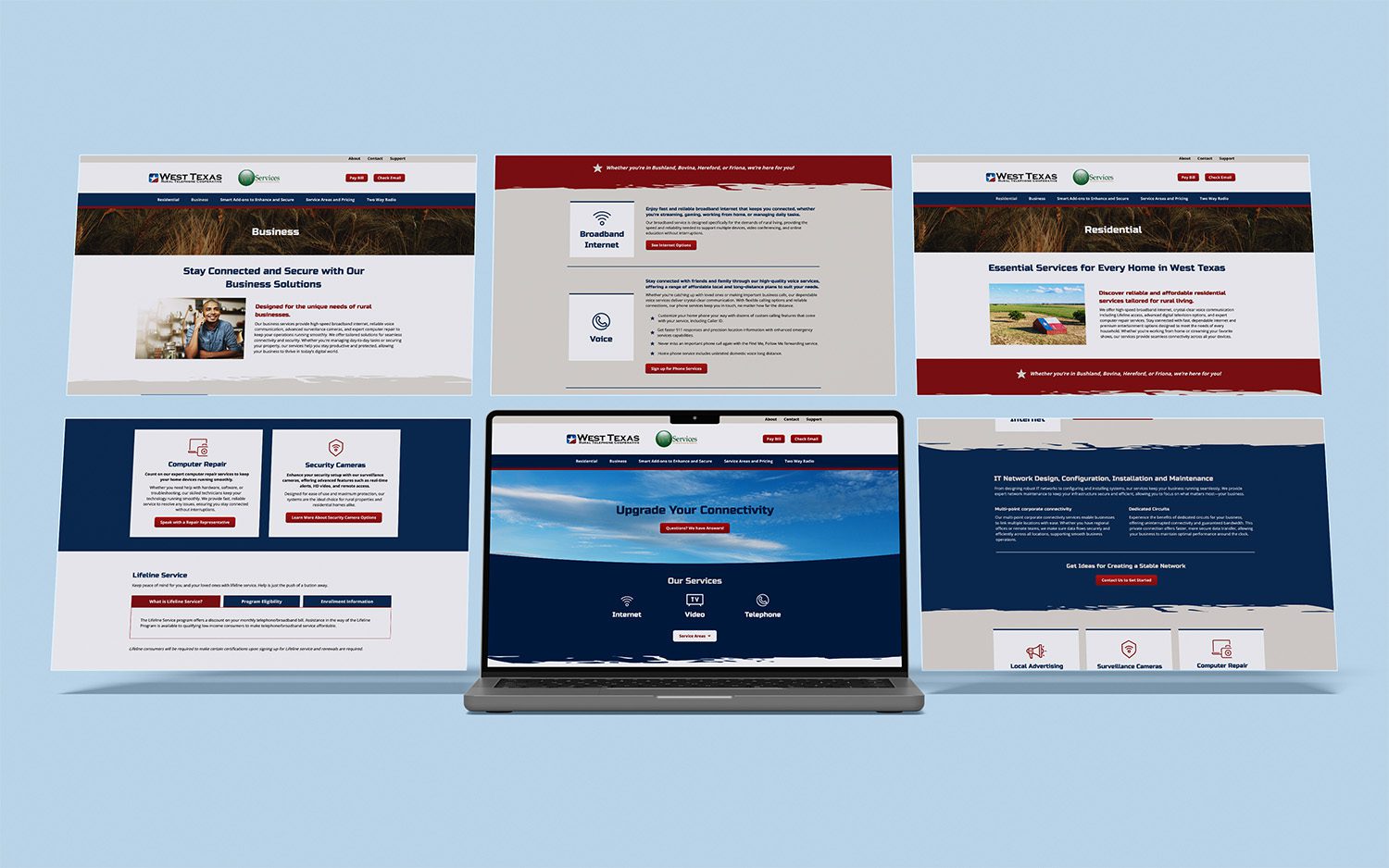 Layout of multiple webpage designs from the redesigned West Texas Rural Telephone Cooperative website, including business services, broadband and voice options, residential services, IT network solutions, and the homepage, all displayed above a laptop showing the main site.