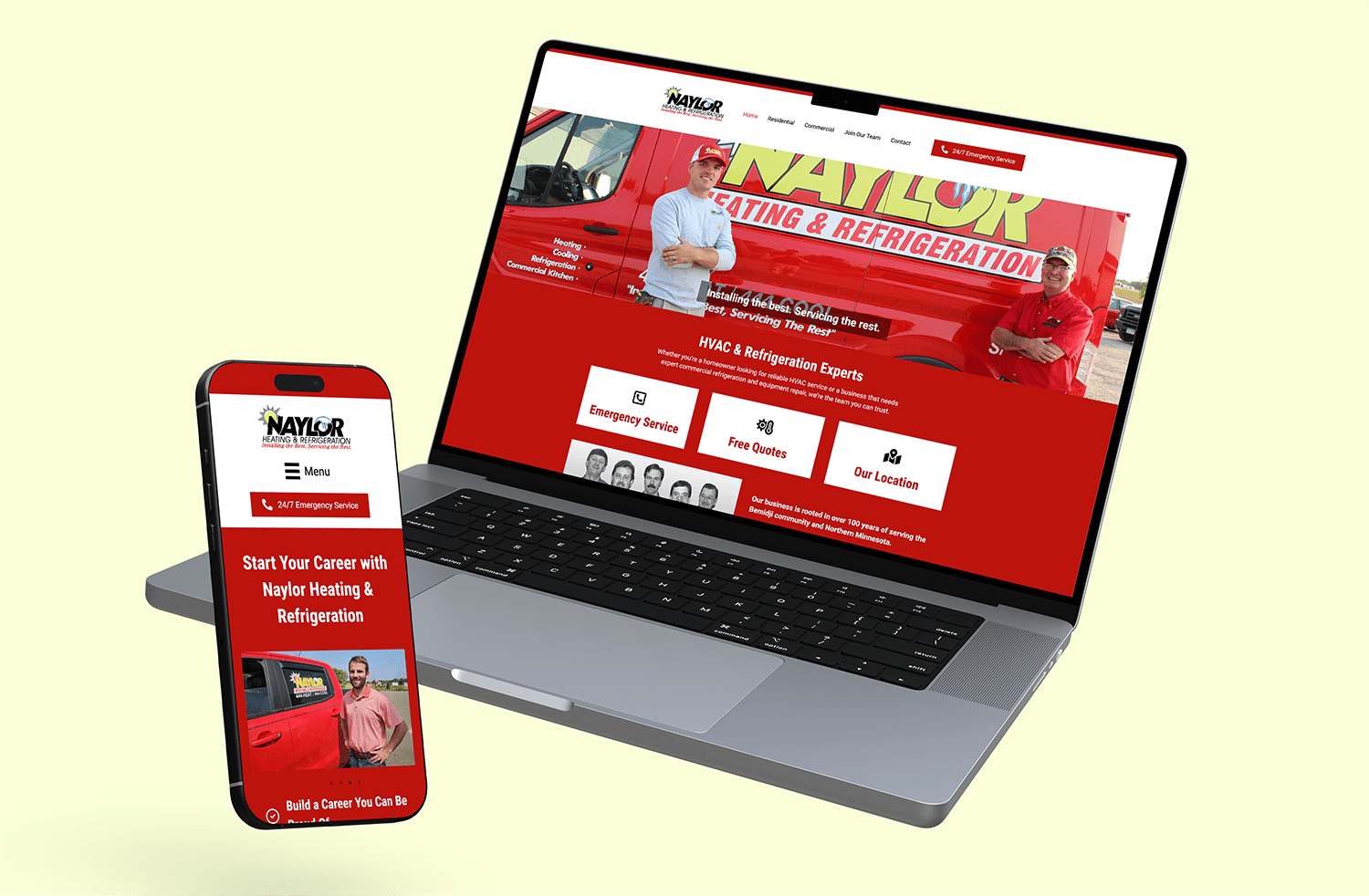 Naylor Heating & Refrigeration website shown on a desktop monitor and mobile phone screen.