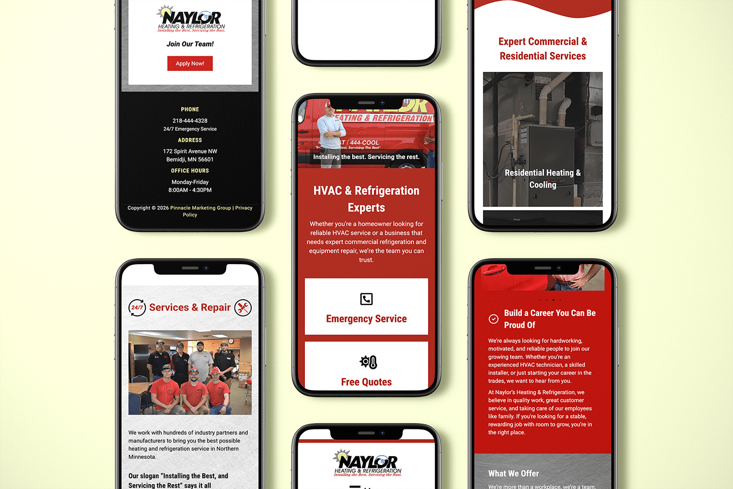 NHR_Phones Stacked mobile screens showing different pages of the Naylor Heating & Refrigeration website.