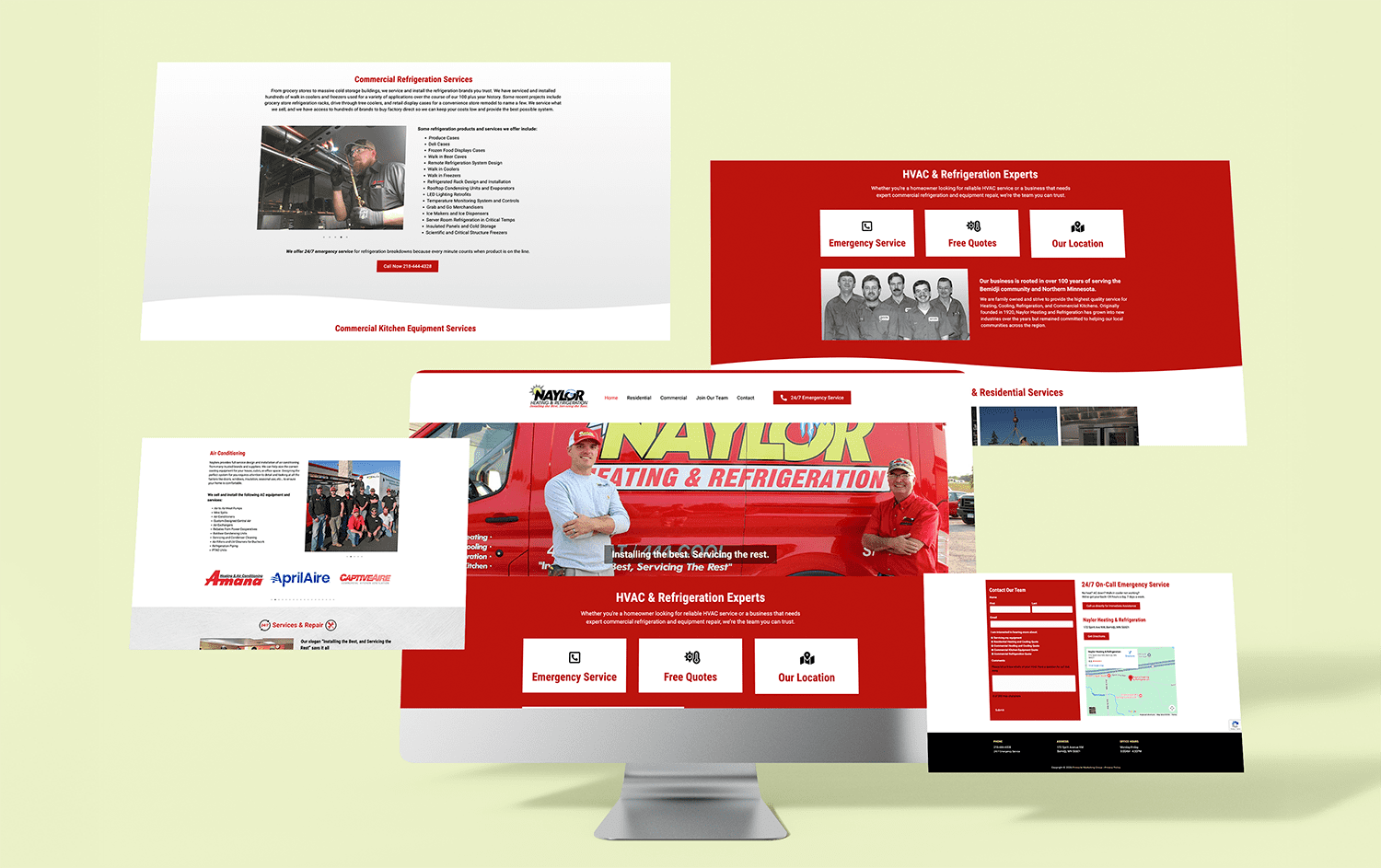 NHR_Screens Naylor Heating & Refrigeration website shown across multiple page views in a multi-screen mockup.