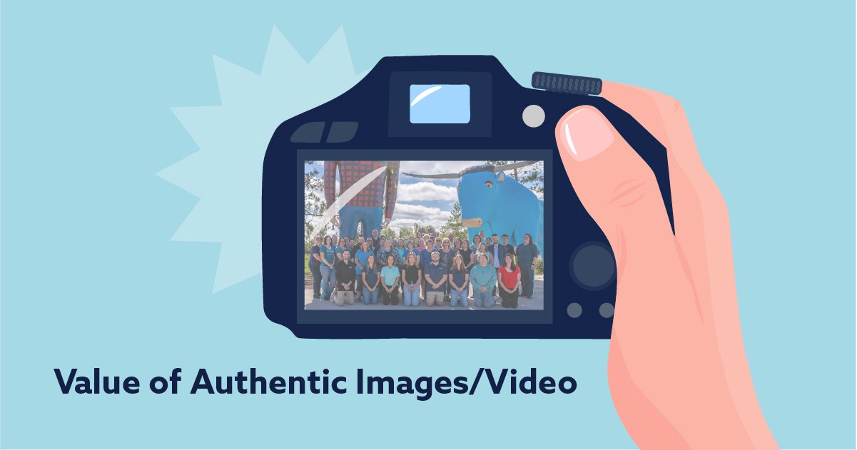 Illustration of a hand holding a digital camera displaying a group photo outdoors. The background is light blue, and the text “Value of Authentic Images/Video” appears at the bottom left.